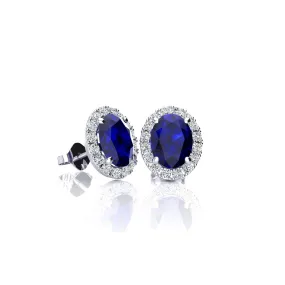 1 1/3 Carat Oval Shape Sapphire And Halo Diamond Stud Earrings In 14 Karat White Gold