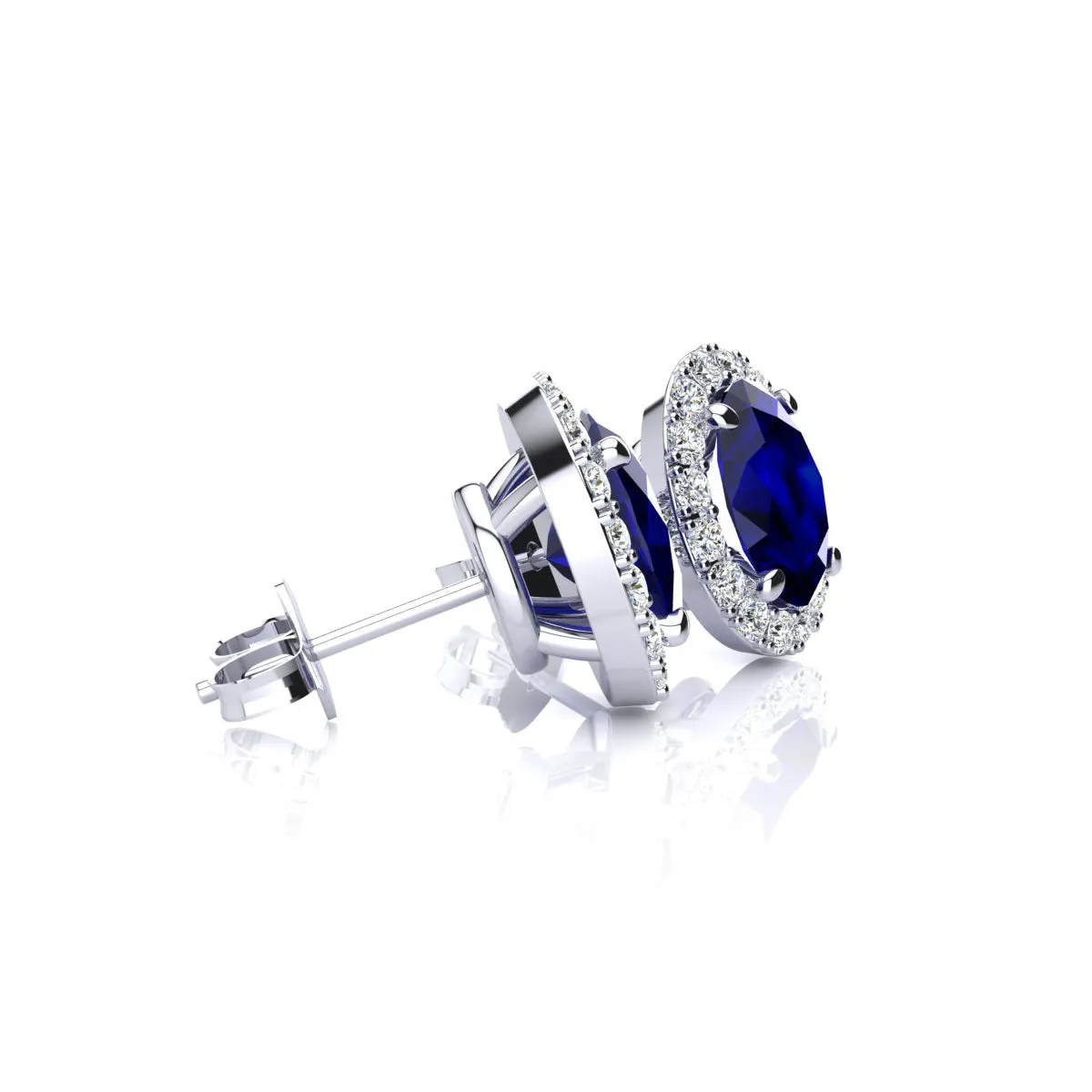 1 1/3 Carat Oval Shape Sapphire And Halo Diamond Stud Earrings In 14 Karat White Gold