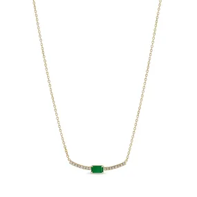 14k Emerald Cut Emerald Curved Pavé Diamond Bar Necklace