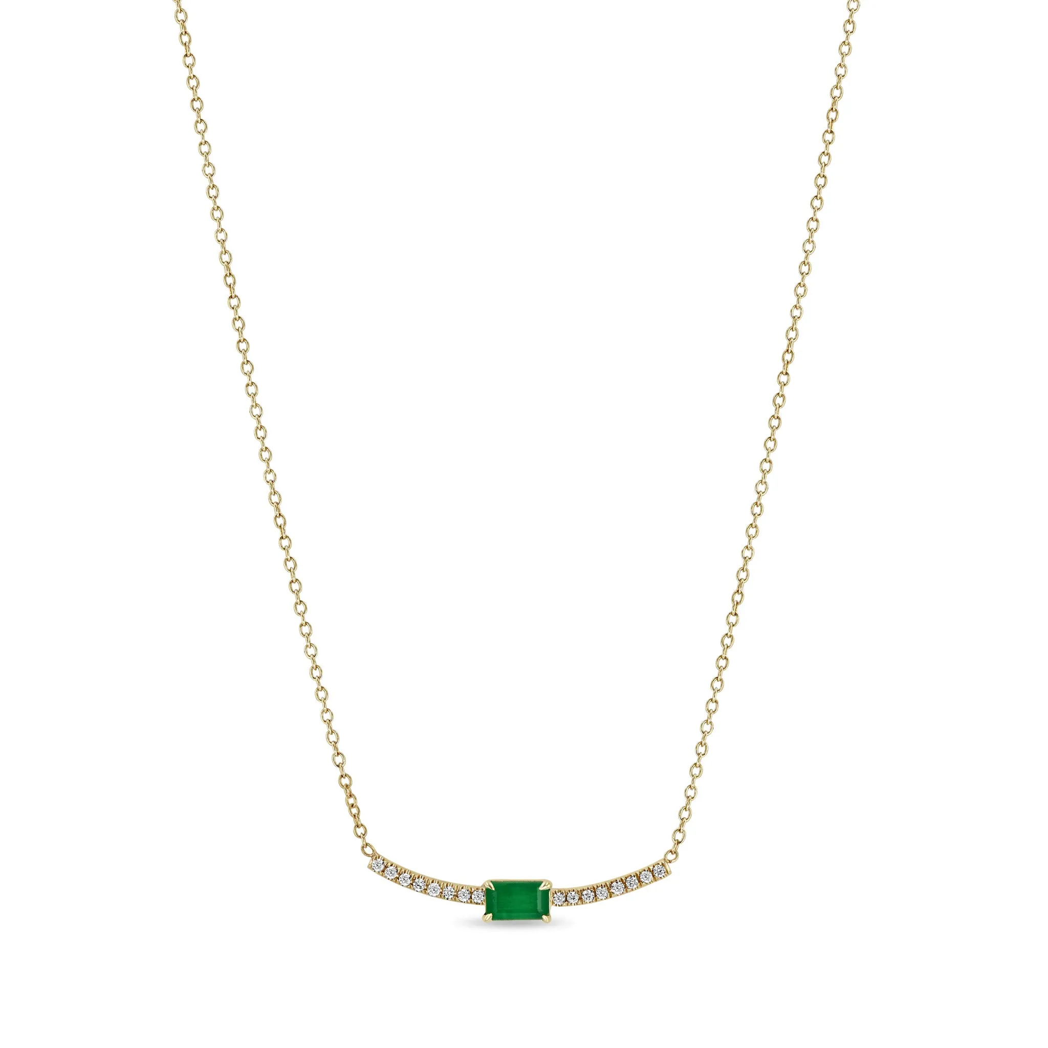 14k Emerald Cut Emerald Curved Pavé Diamond Bar Necklace