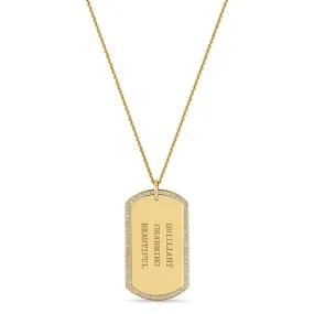 14k Large Engraved Dog Tag with Pavé Diamond Border Necklace