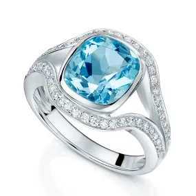 18ct White Gold Cushion Cut Blue Topaz Ring With Diamond Set Split Shoulders