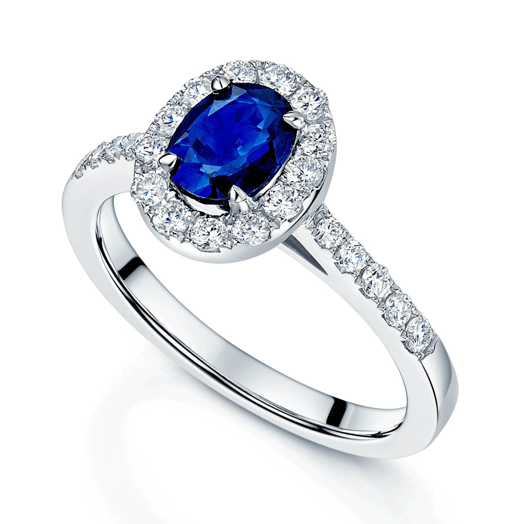 18ct White Gold Oval Sapphire & Diamond Halo Ring With Diamond Shoulders