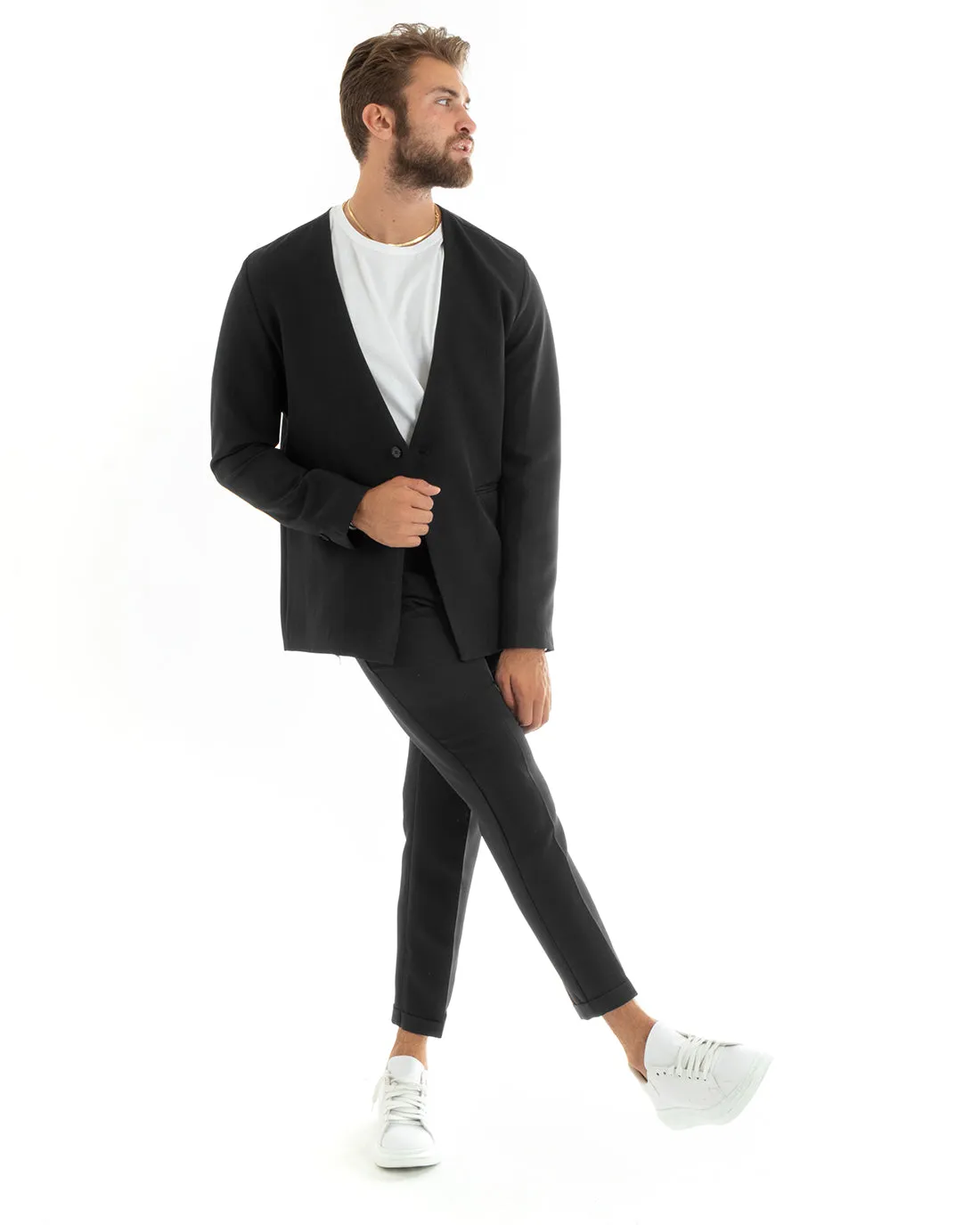 Abito Uomo Monopetto Vestito Viscosa Completo Giacca Pantaloni Nero Elegante Cerimonia GIOSAL-OU2408A