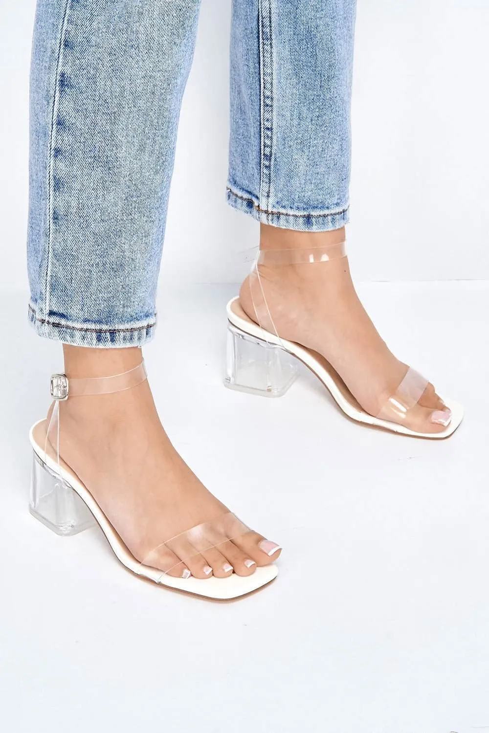 Alessa Perspex Strap Block Heel Sandal in White