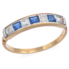 Antique 18K Yellow Gold Sapphire & Diamond Band Ring Size 8.75