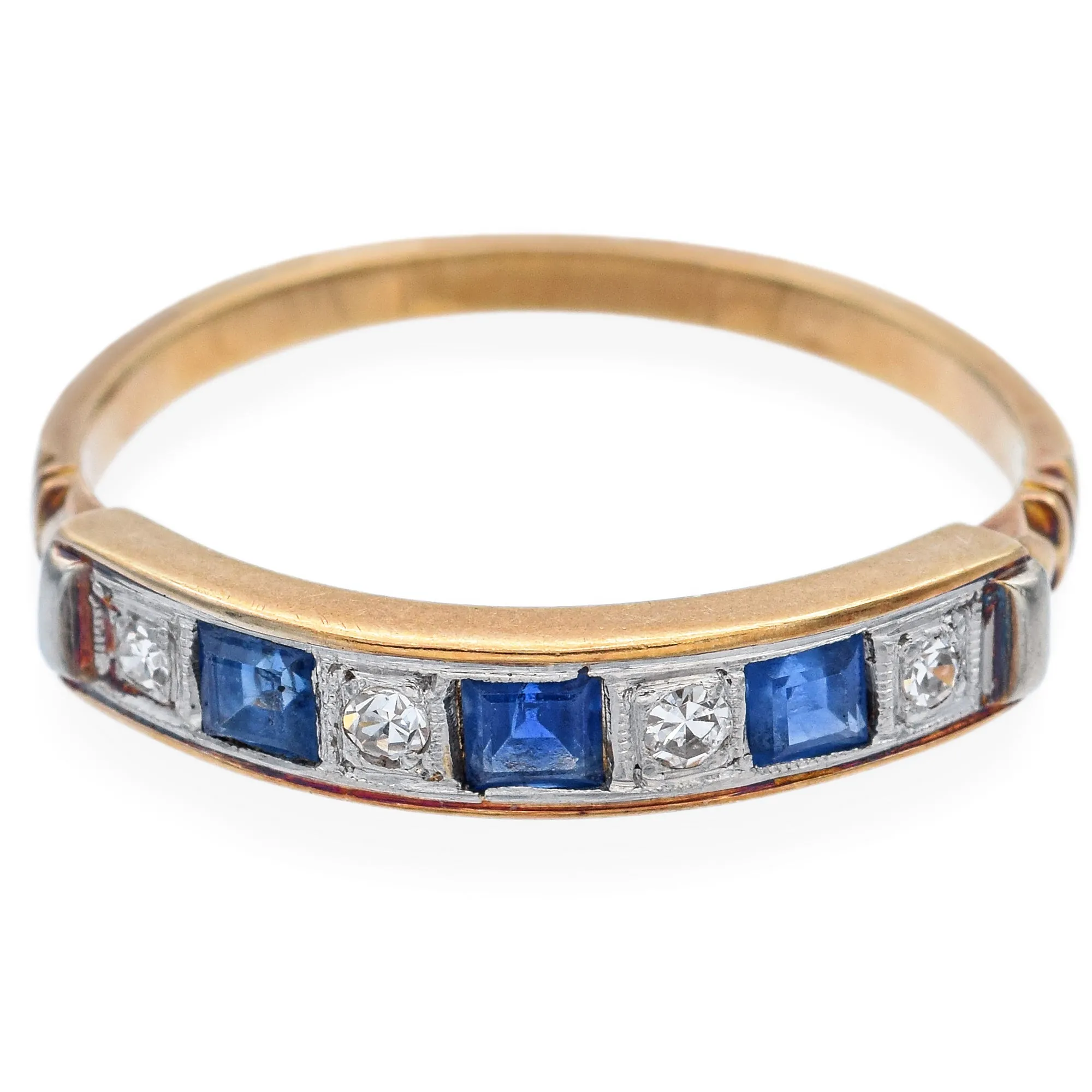 Antique 18K Yellow Gold Sapphire & Diamond Band Ring Size 8.75