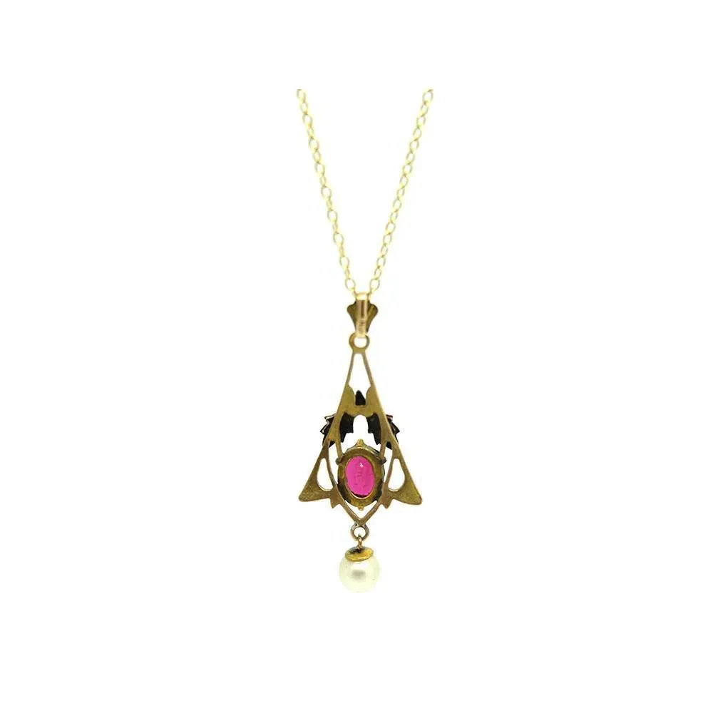 Antique Edwardian 1910 Red Glass & Pearl 9ct Gold Pendant