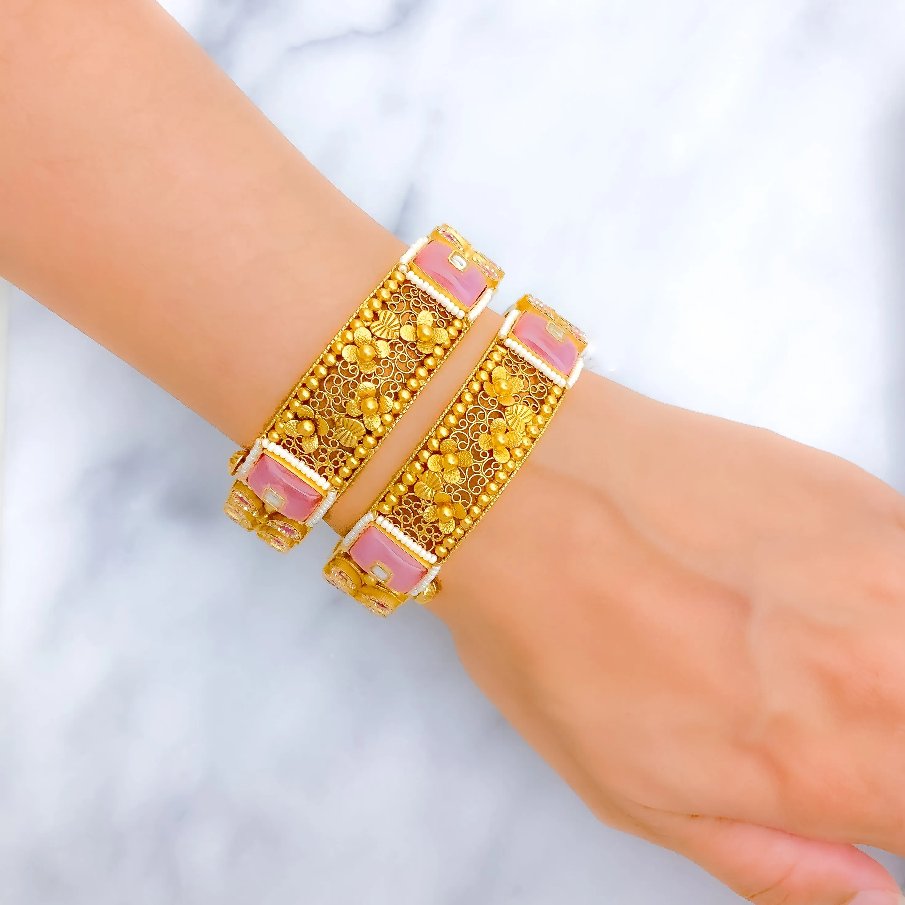 Antique Oxidized Pink Floral 22k Gold Bangles