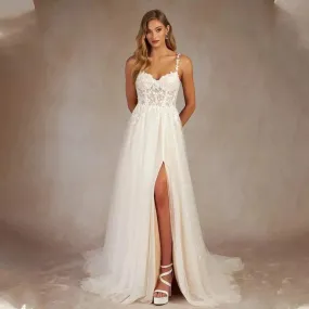 Beach Wedding Spaghetti Straps Tulle Lace Boho Wedding Dress