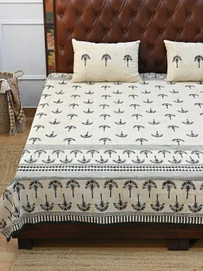 BLACK PALM TREE COTTON PRINTED DOUBLE BEDSHEET WITH PILLOW