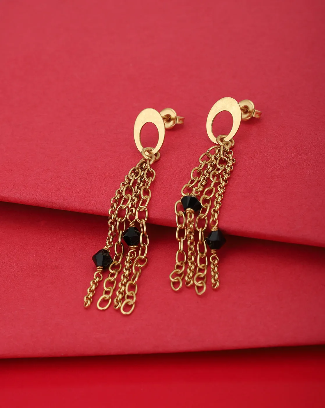 Carlton London Gold Plated Tasselled With Black Beaded Contemporary Drop Earring