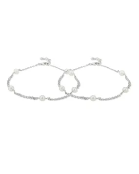 Carlton London -Set Of 2 Rhodium-Plated Silver Toned Off-White Beaded  Anklets For Women