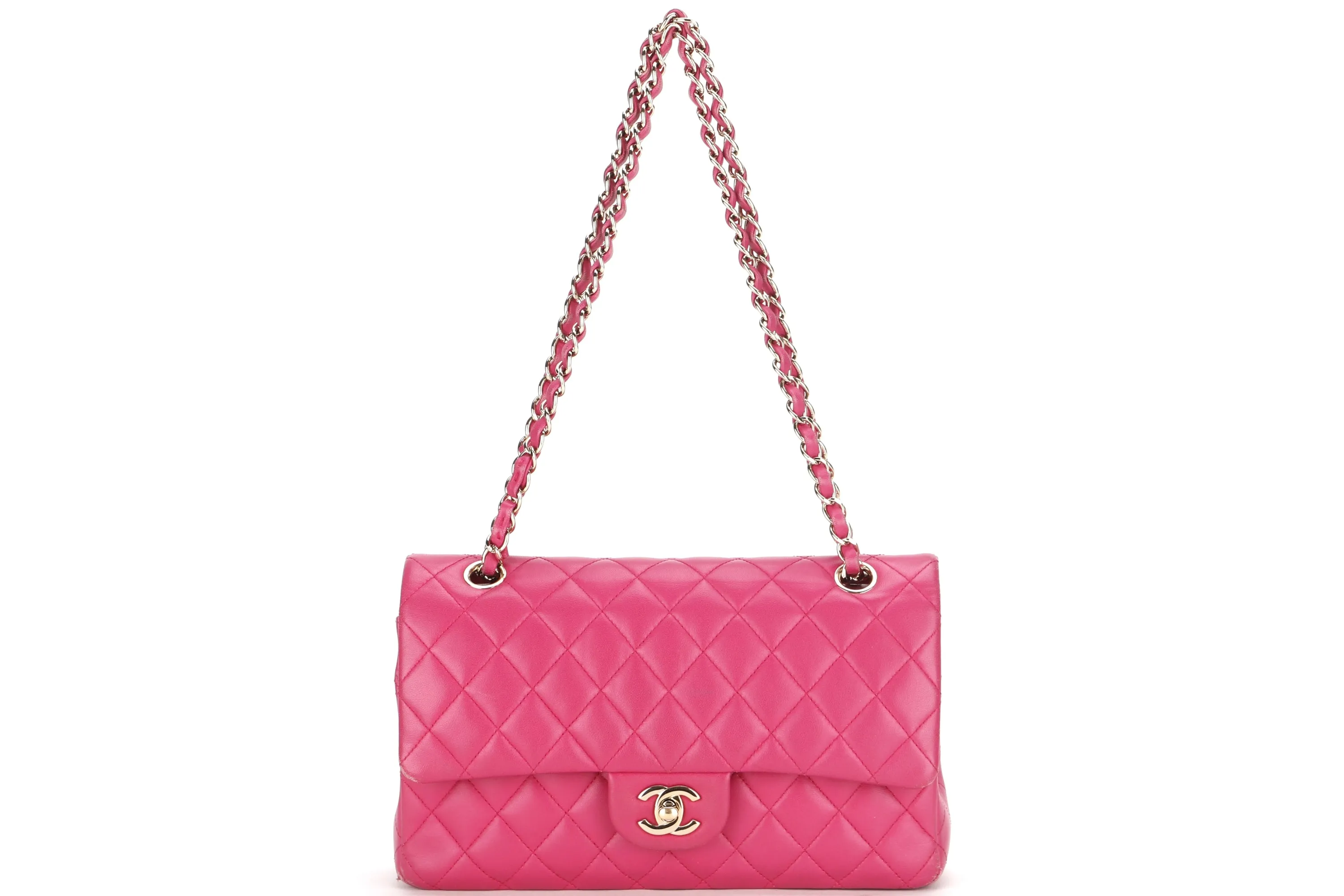 CHANEL CLASSIC DOUBLE FLAP (2214xxxx) MEDIUM PINK LAMBSKIN GOLD HARDWARE ,WITH CARD, DUST COVER & BOX