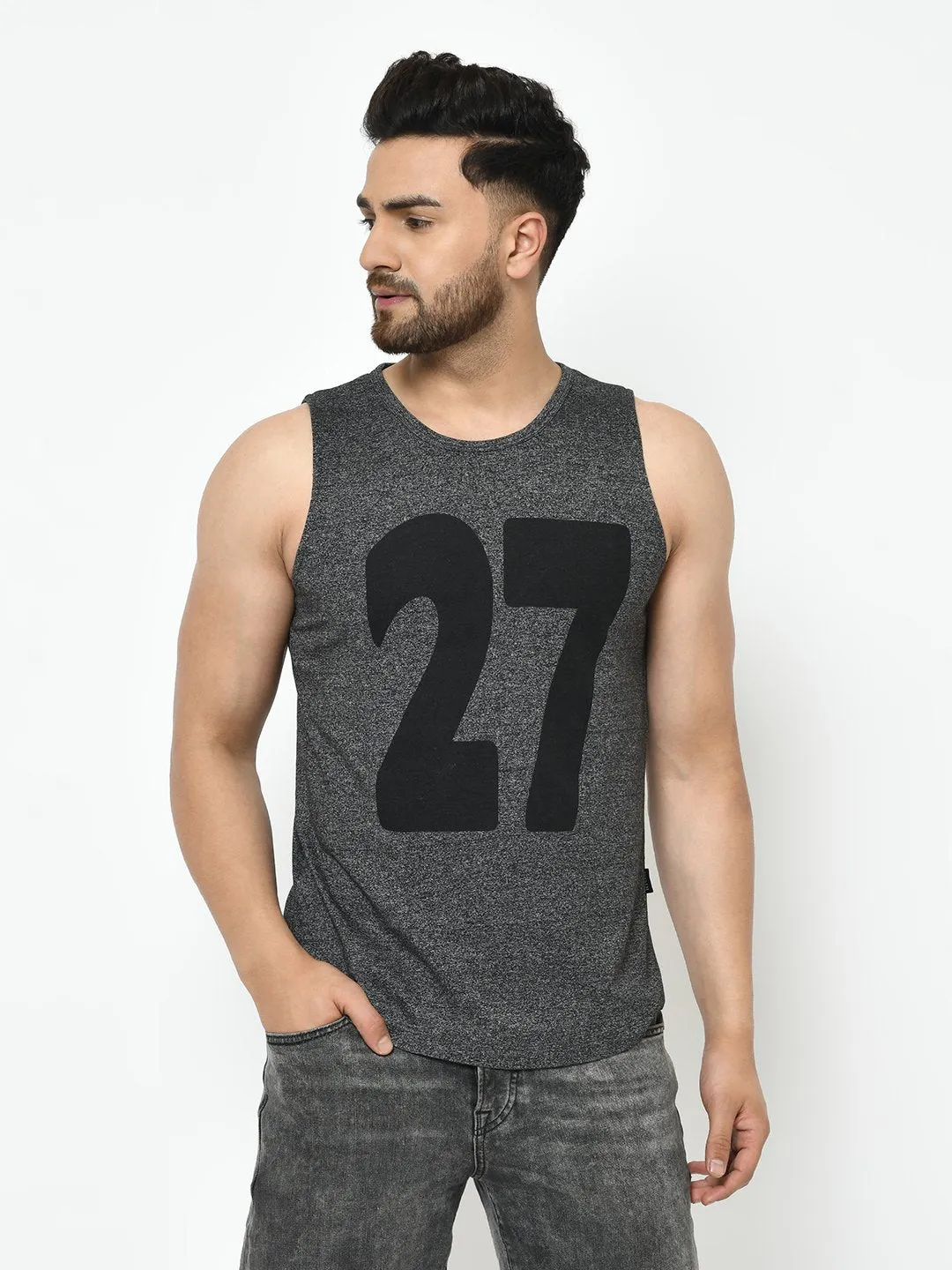 Charcoal Numerical Print Curved Bottom Cotton Sleeveless T-Shirt Vest