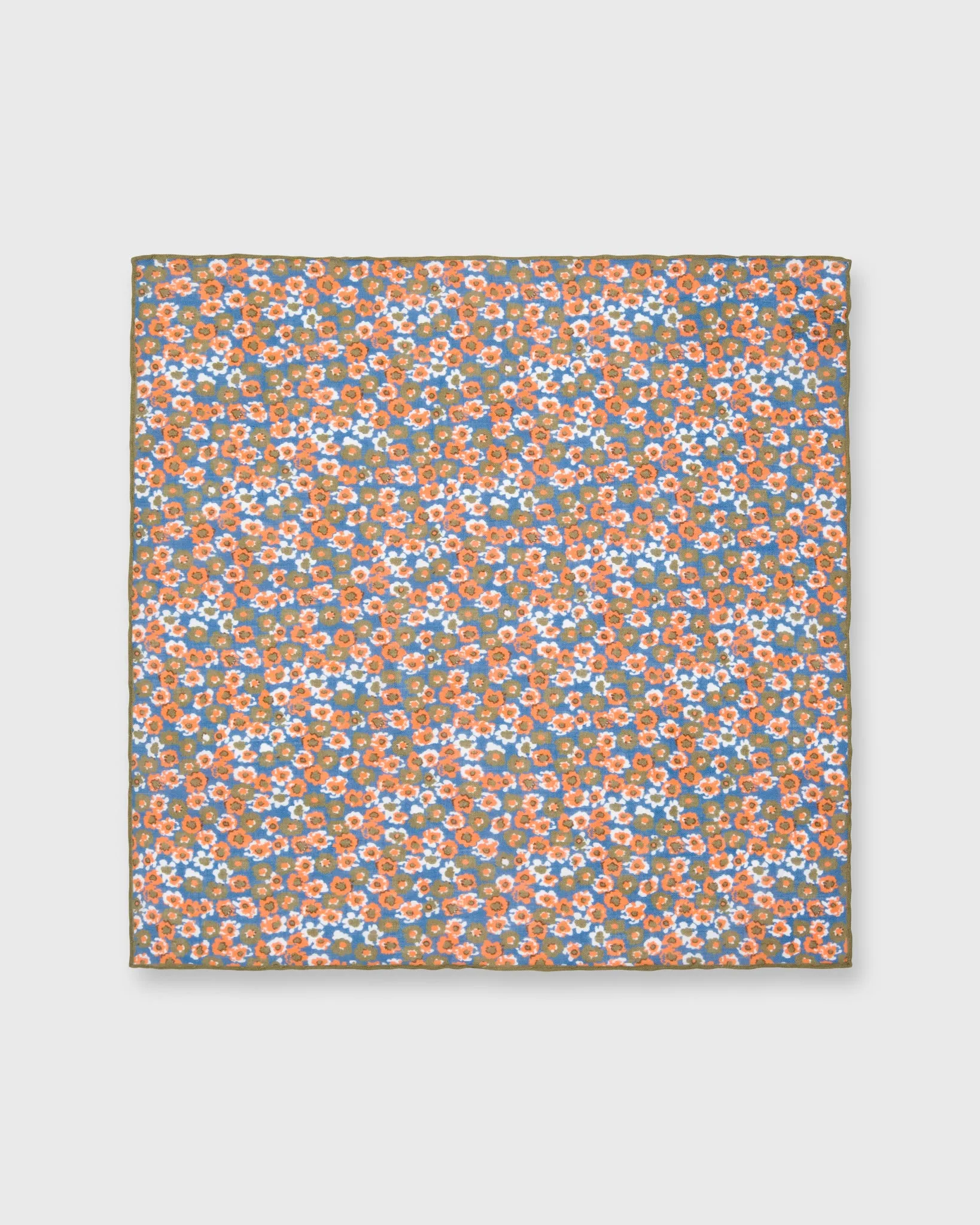 Cotton/Linen Print Pocket Square in Blue/Olive/Orange Floral