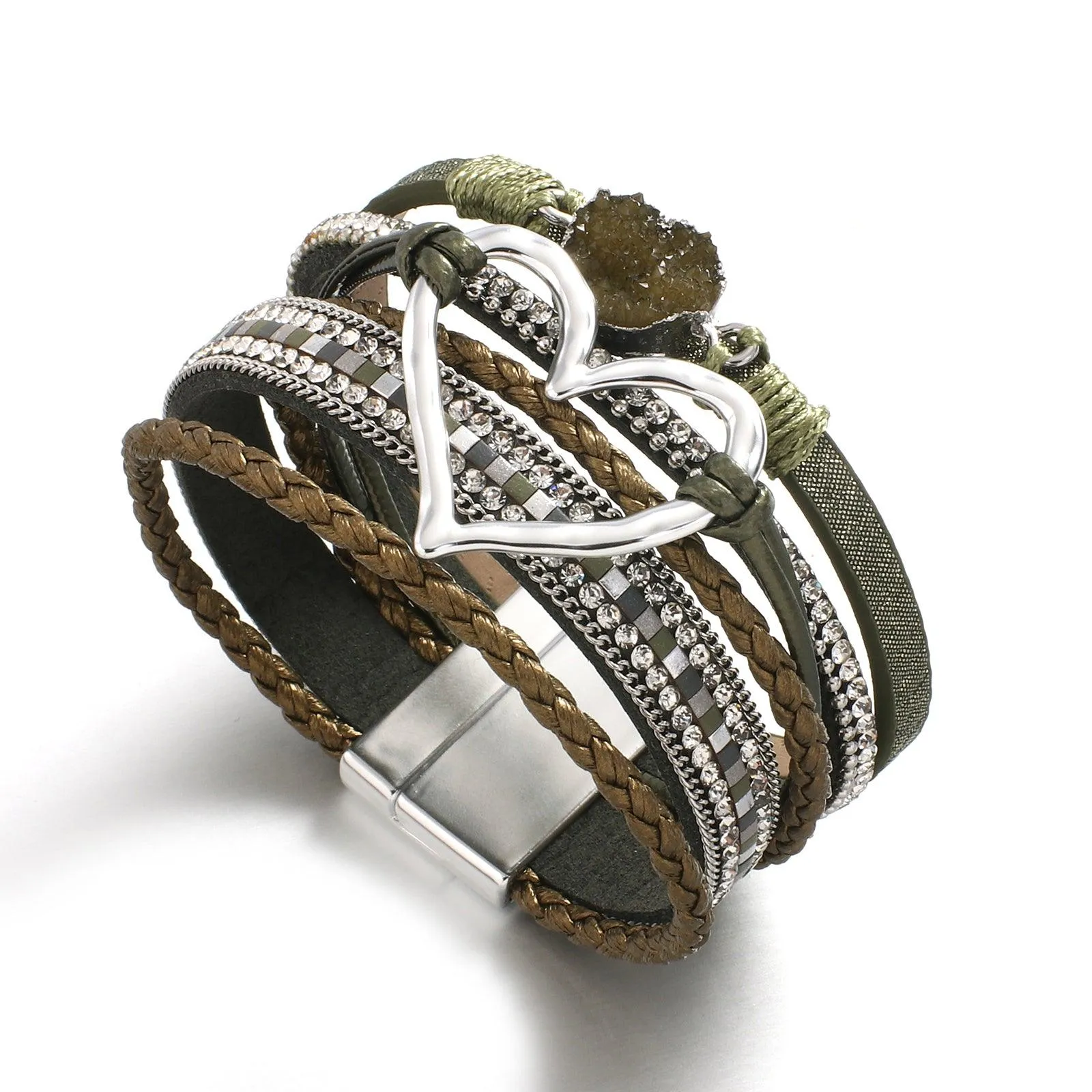 'Dalgu' Heart Charm Cuff Bracelet - olive