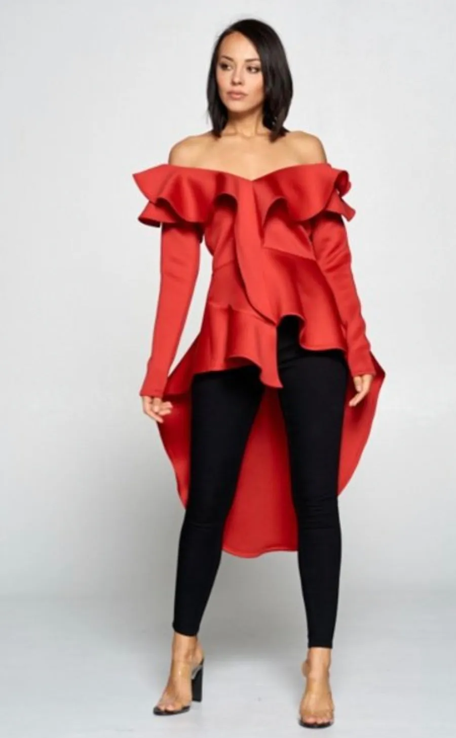 Drama Queen Red Off Shoulder Ruffled Hi Low Top