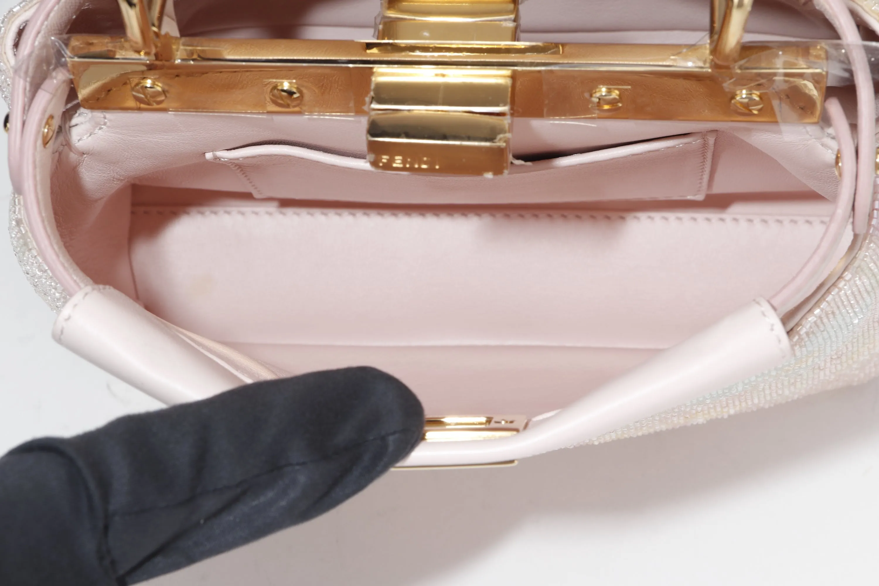 FENDI PEEKABOO GLASS MINI (8BN309ACYM2088007) PINK LEATHER GOLD HARDWARE, WITH CHAIN, RAINCOAT, DUST COVER & BOX