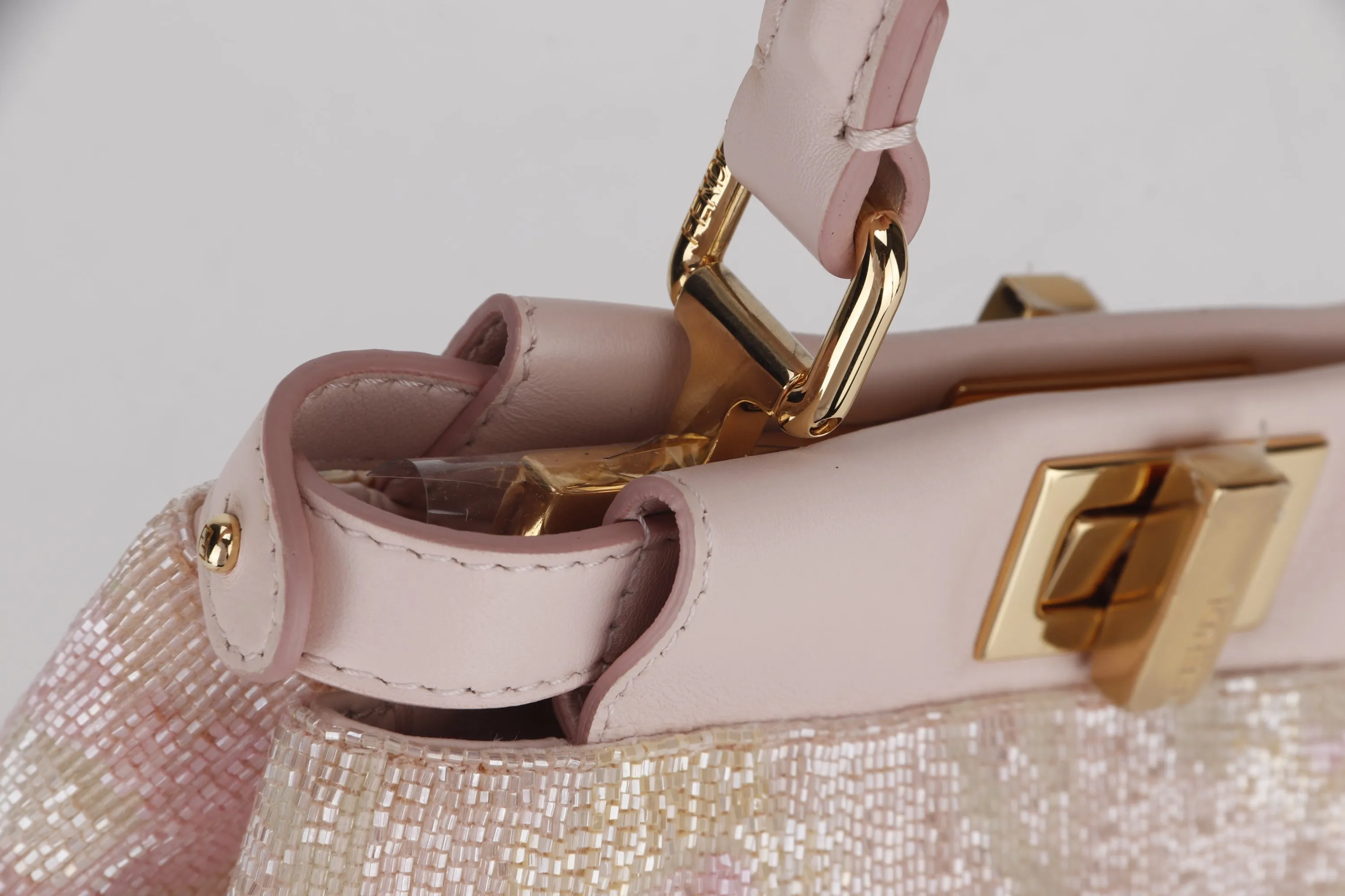 FENDI PEEKABOO GLASS MINI (8BN309ACYM2088007) PINK LEATHER GOLD HARDWARE, WITH CHAIN, RAINCOAT, DUST COVER & BOX