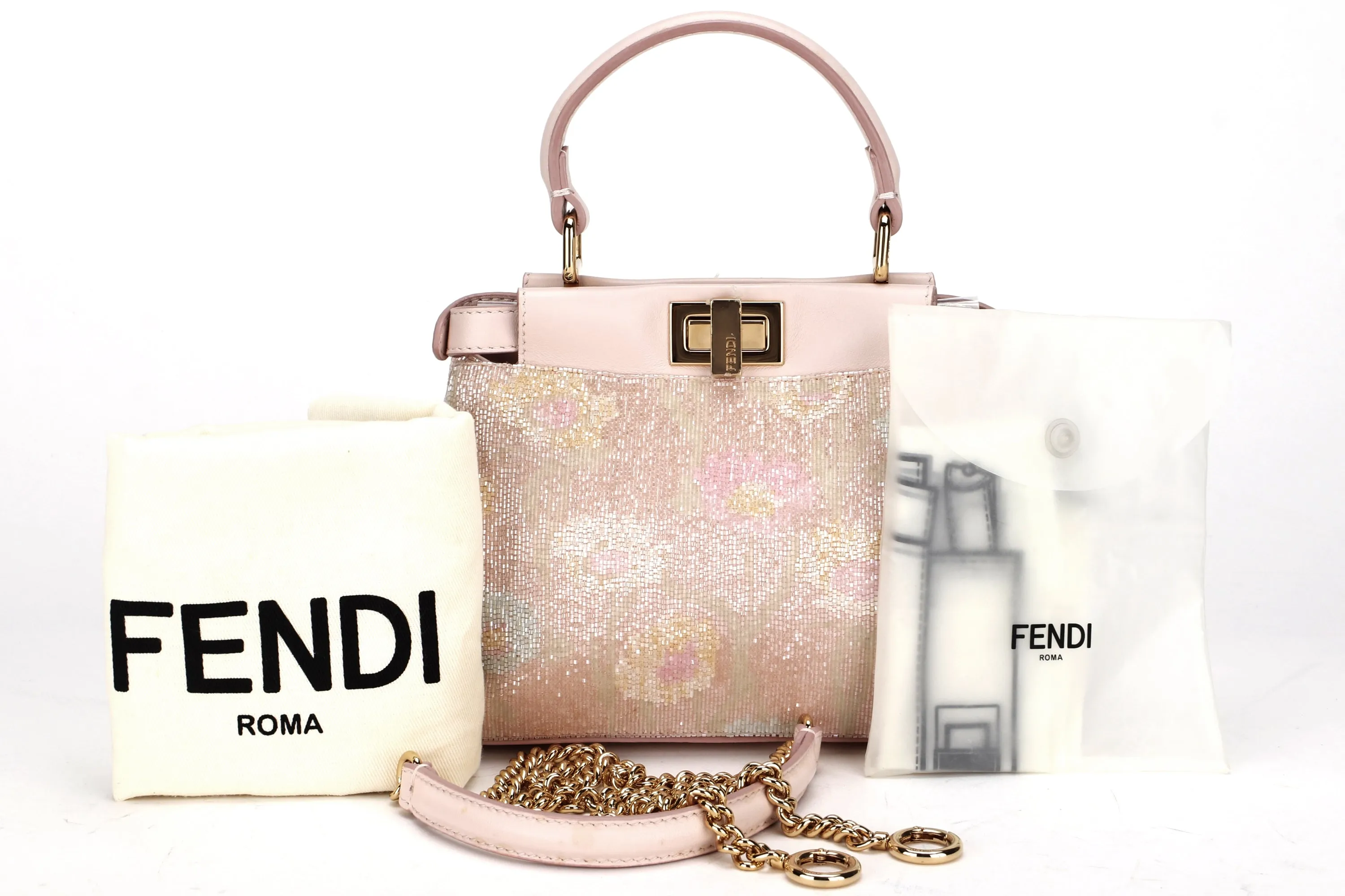 FENDI PEEKABOO GLASS MINI (8BN309ACYM2088007) PINK LEATHER GOLD HARDWARE, WITH CHAIN, RAINCOAT, DUST COVER & BOX