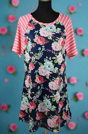 Girls Floral Print Dress, Kids Short Sleeve Dress, Size 4, Blue/Pink