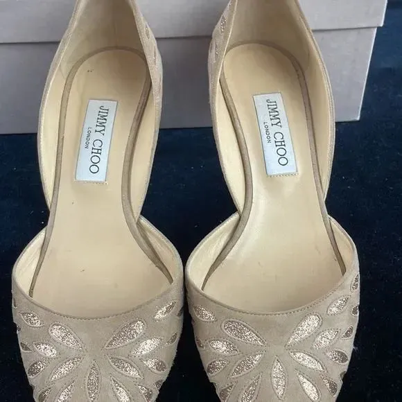 Jimmy Choo Tan Suede With Gold Detail Pumps With Box