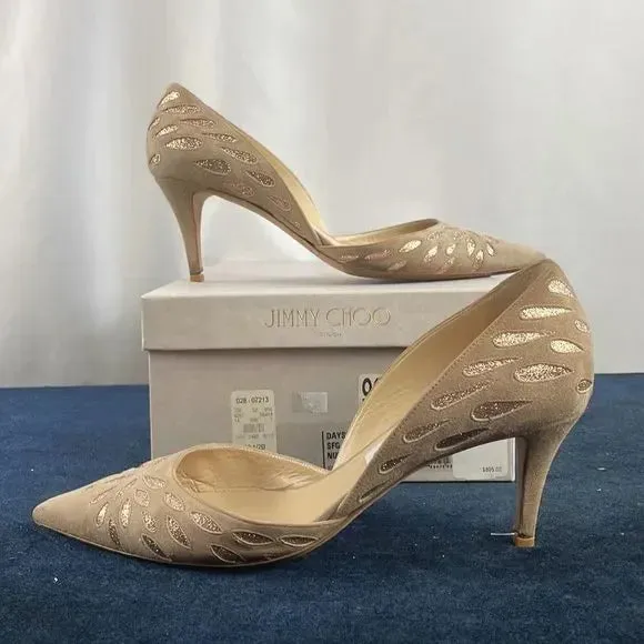 Jimmy Choo Tan Suede With Gold Detail Pumps With Box