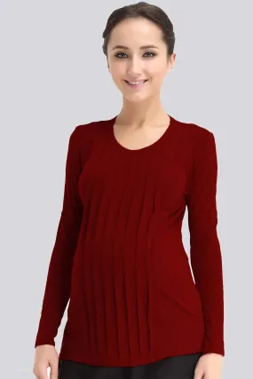 Long Sleeved Bamboo Cotton Venus Pleats Row Nursing Top Maroon