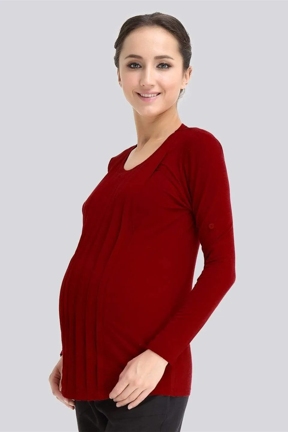 Long Sleeved Bamboo Cotton Venus Pleats Row Nursing Top Maroon