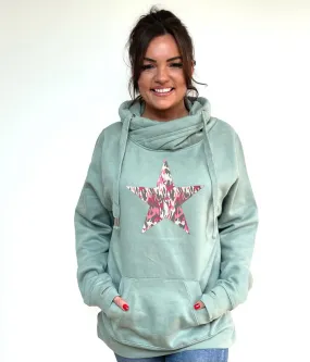 Luxury Cowl Neck Pink Camo Star Hoodie - Sage