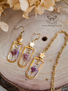 Moon  and Pink pressed flowers jewelry set