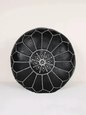 Moroccan Leather Pouffe, Black and Silver