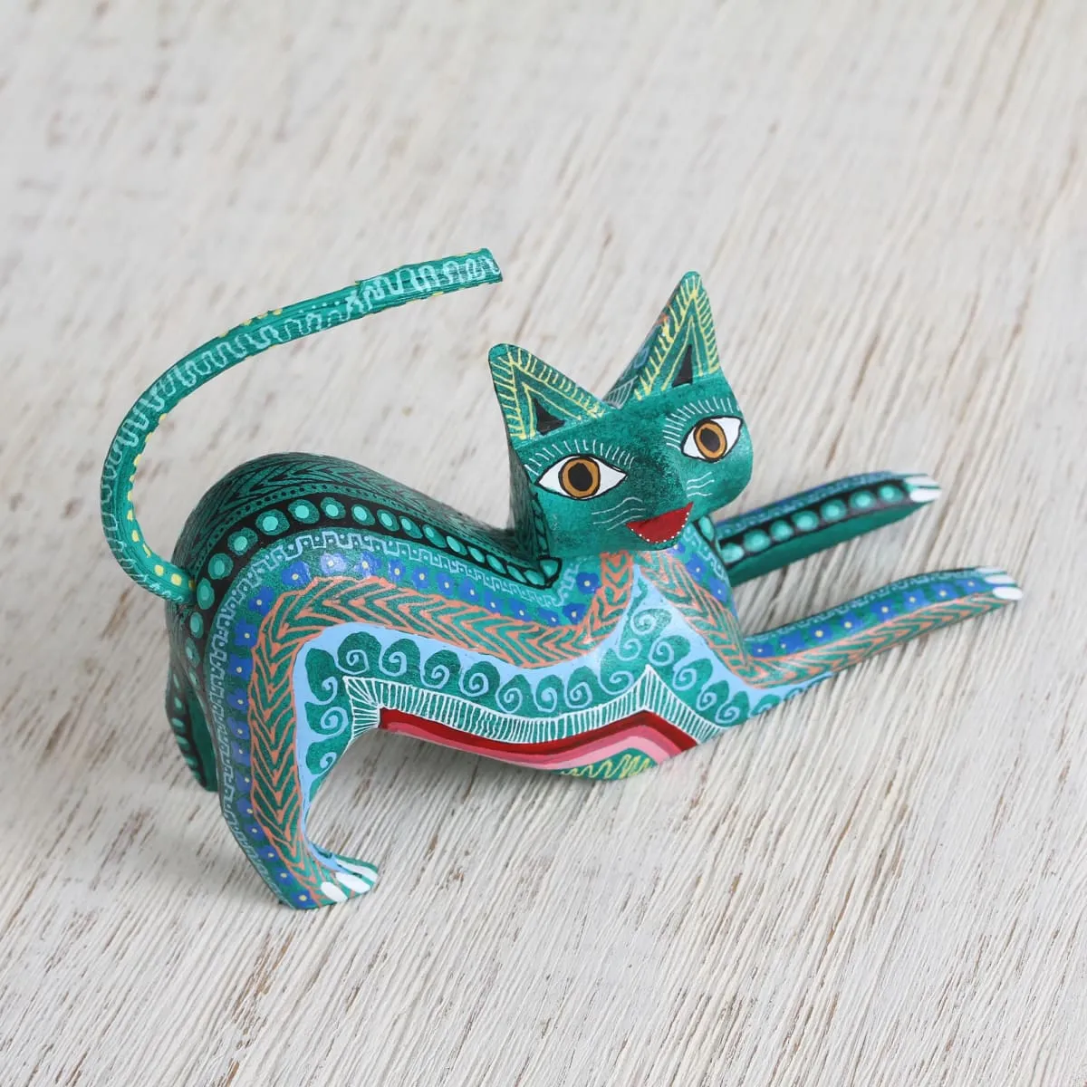 Novica Cat Stretch Wood Alebrije Figurine