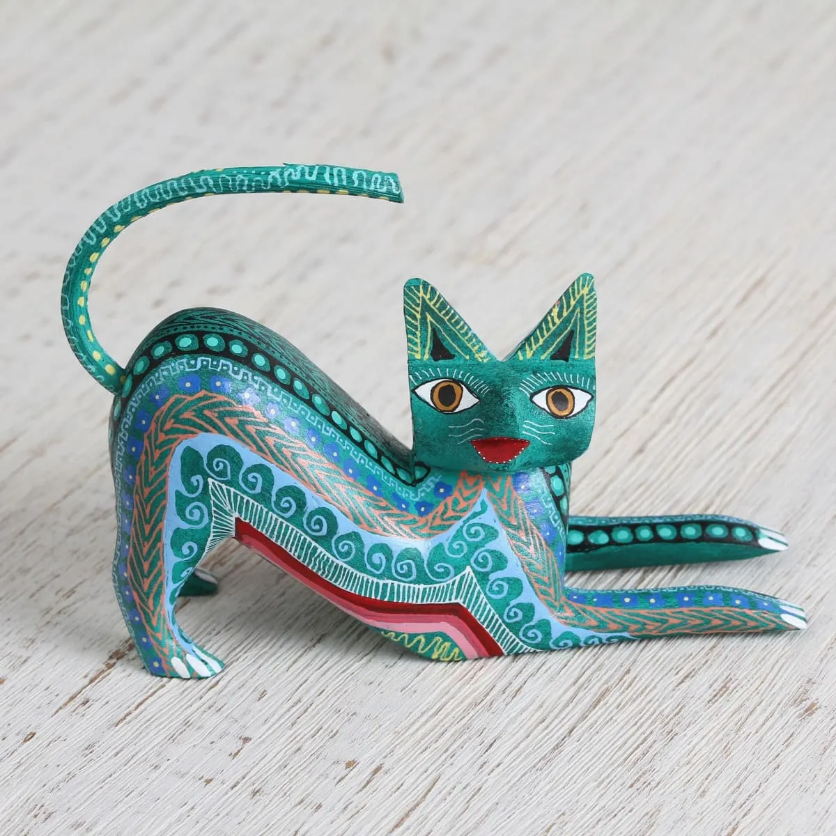 Novica Cat Stretch Wood Alebrije Figurine