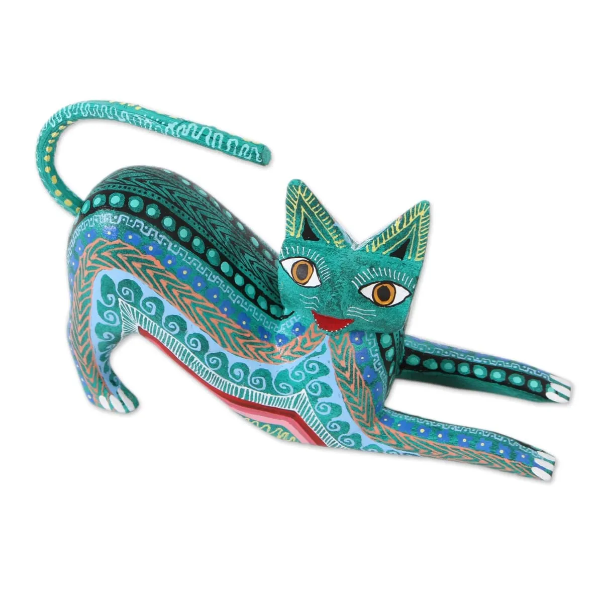 Novica Cat Stretch Wood Alebrije Figurine