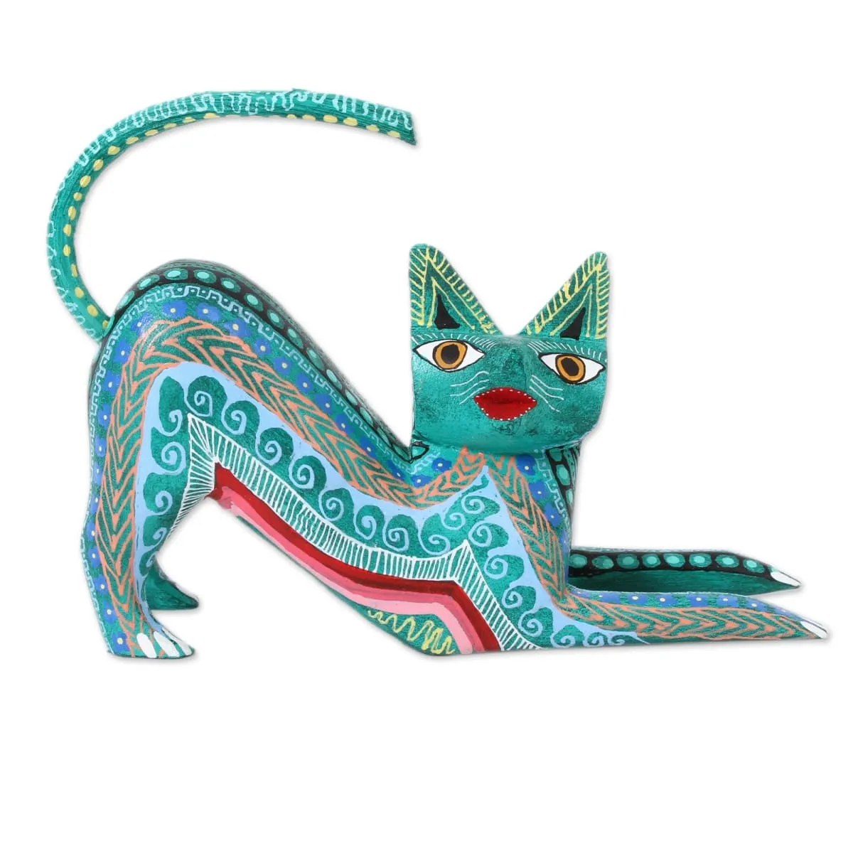 Novica Cat Stretch Wood Alebrije Figurine