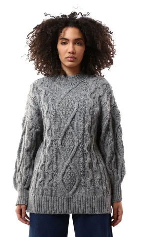 O168919 Long Sleeves Knitted Grey Pullover With Mock Neck