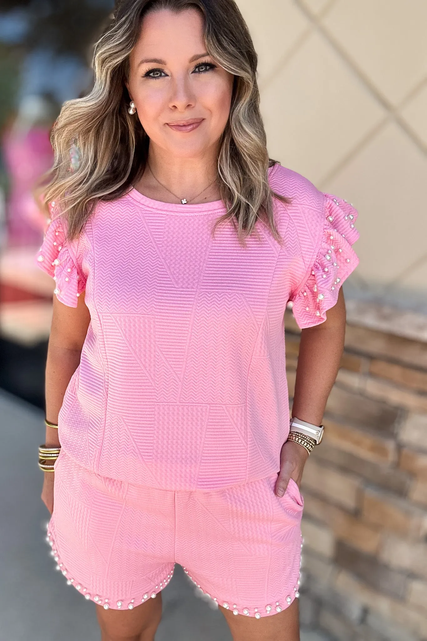 Pearl Embellished Textured  Top - Pink