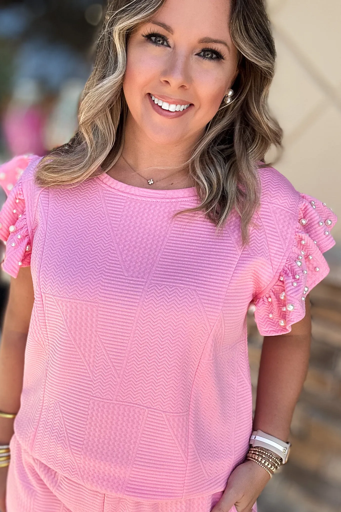 Pearl Embellished Textured  Top - Pink