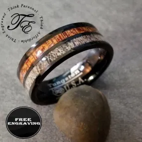 Personalized Men's Tungsten Wedding Band - Wood and Deer Antler Inlays