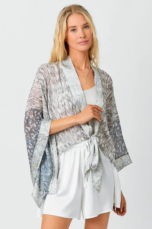 Print Mixed Kimono - Grey Mix