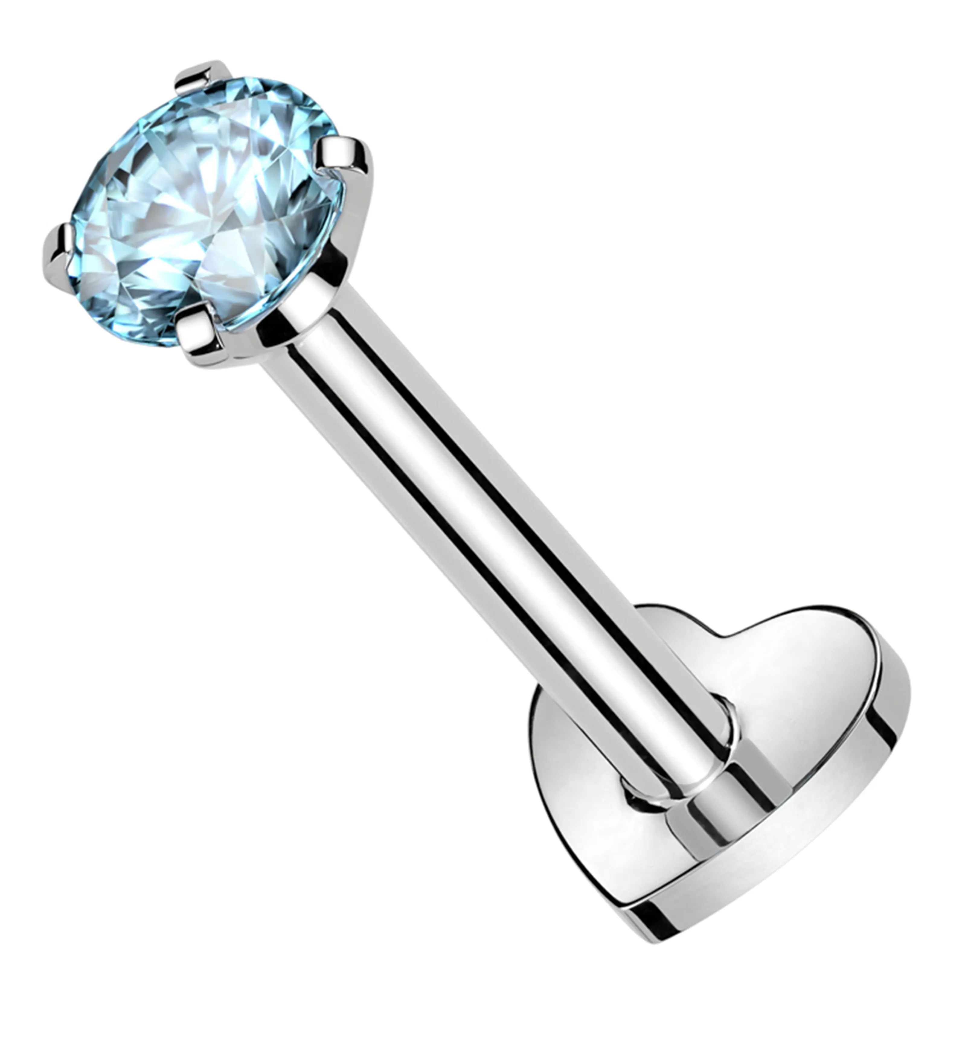 Prong Aqua CZ Internally Threaded Titanium Heart Disk Labret