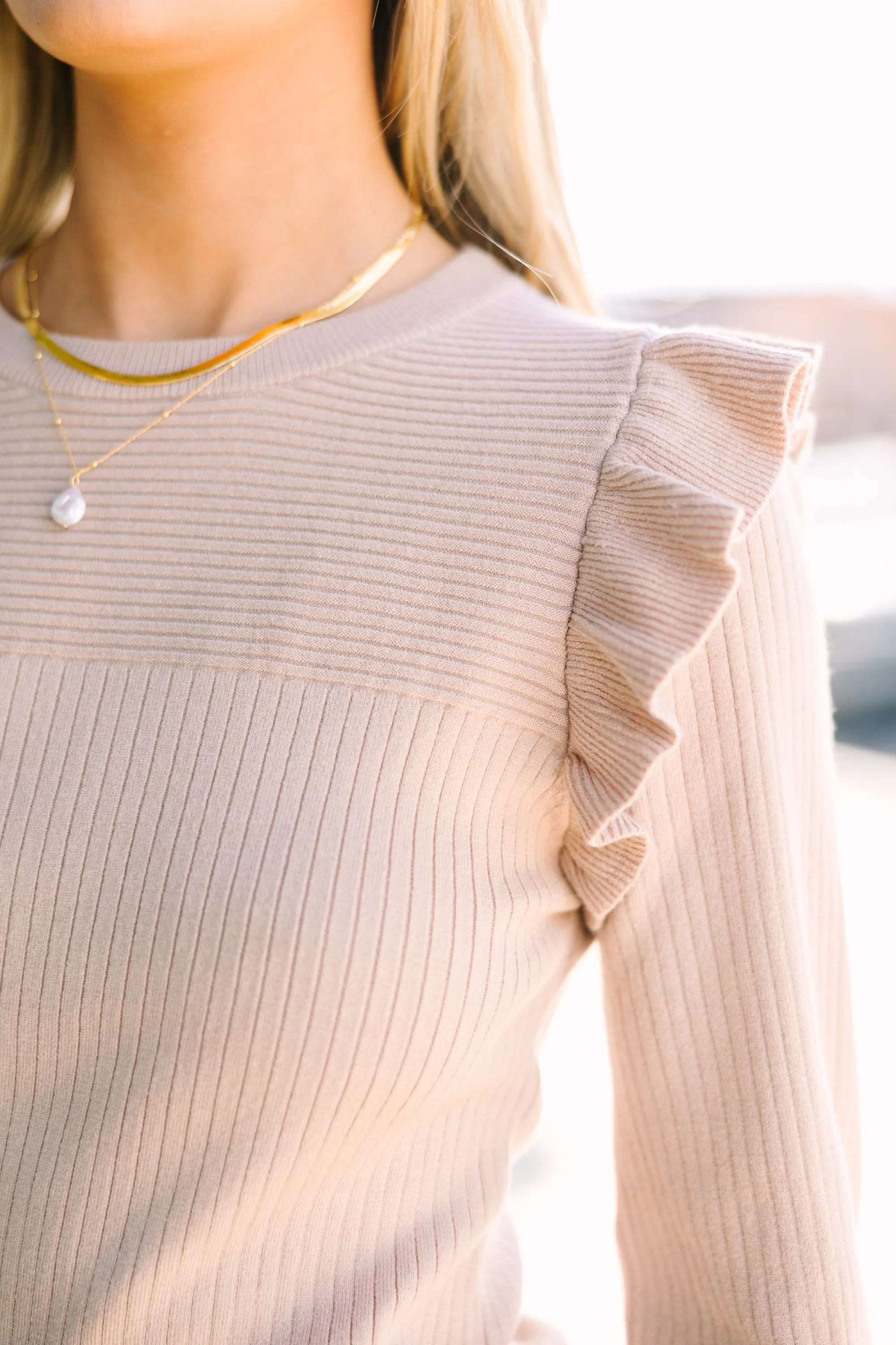 Reach Out Warm Taupe Brown Ruffled Sweater