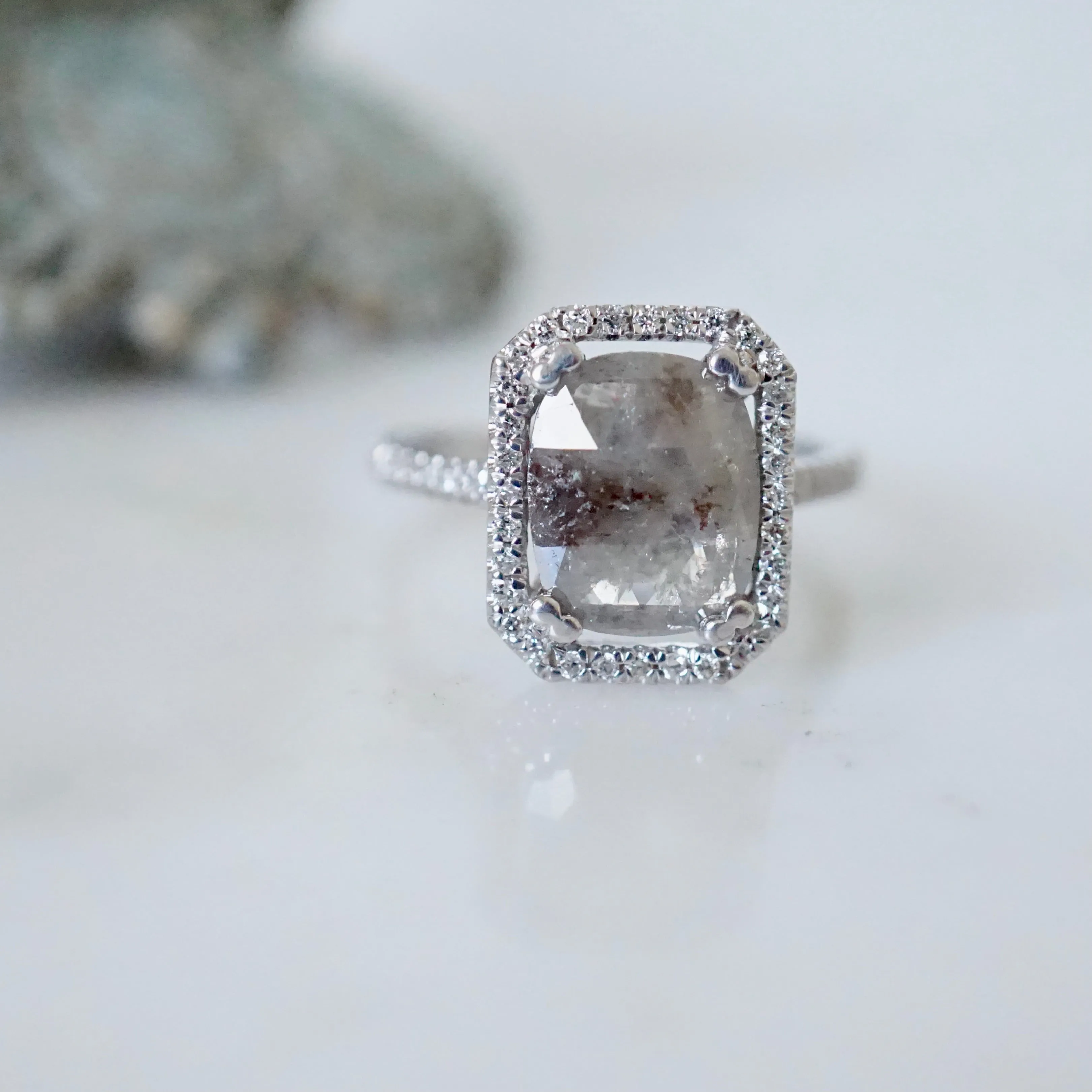 Salt and Pepper Diamond Halo Ring - Grey Cushion Rose Cut Ring - Unique Women's Diamond Ring