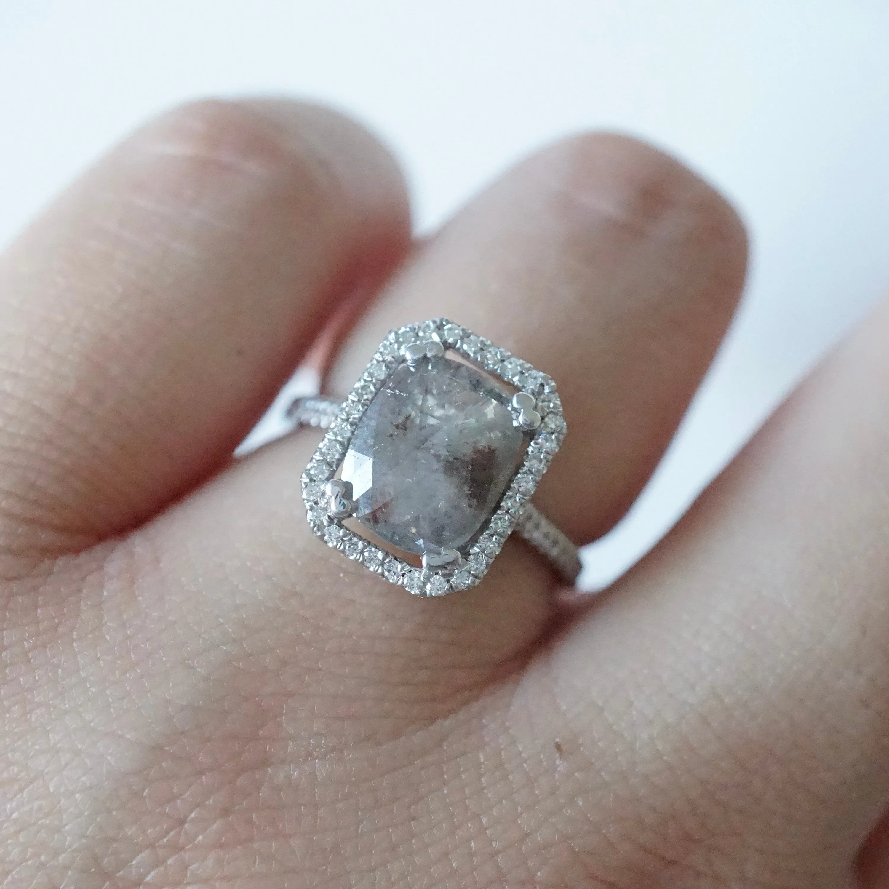 Salt and Pepper Diamond Halo Ring - Grey Cushion Rose Cut Ring - Unique Women's Diamond Ring