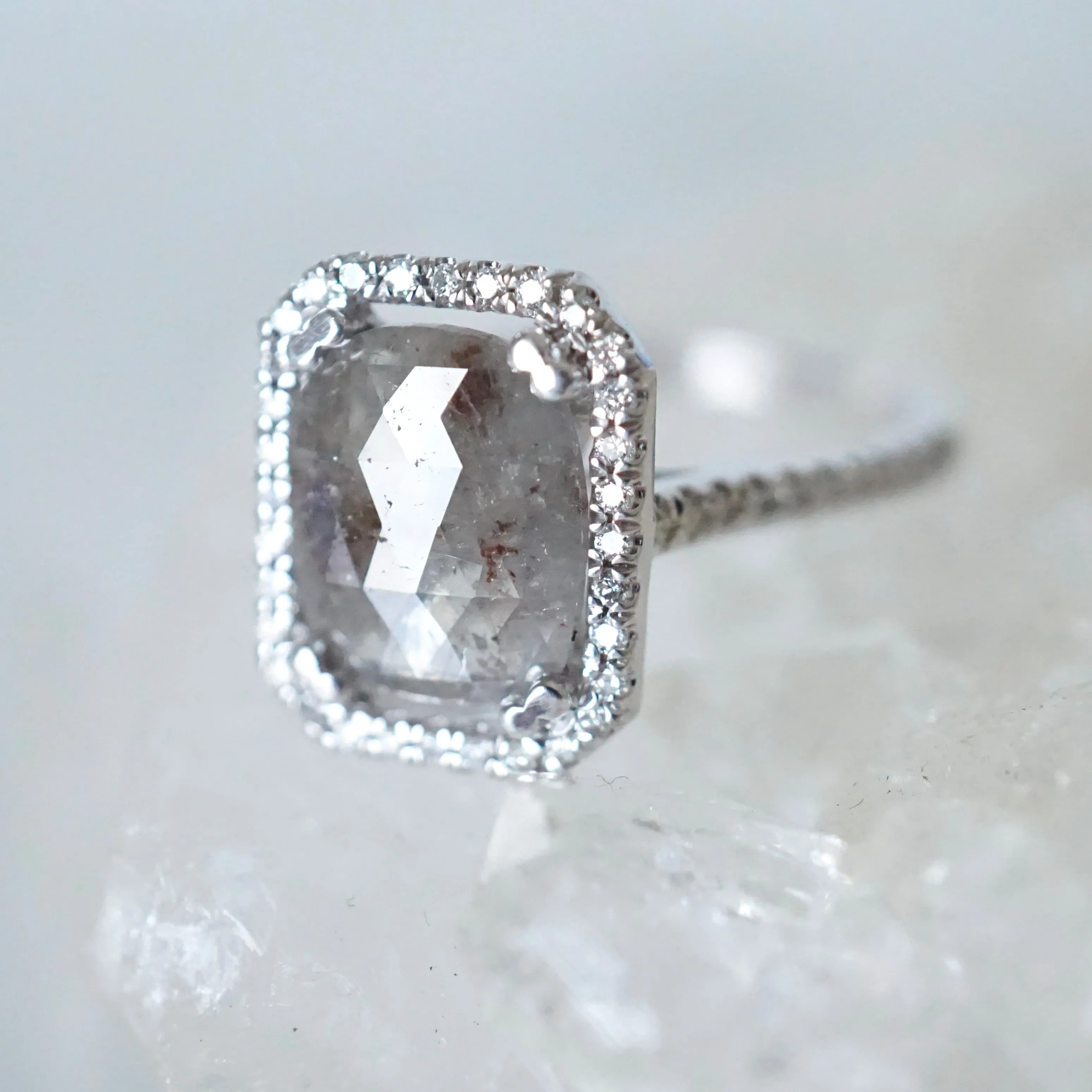 Salt and Pepper Diamond Halo Ring - Grey Cushion Rose Cut Ring - Unique Women's Diamond Ring