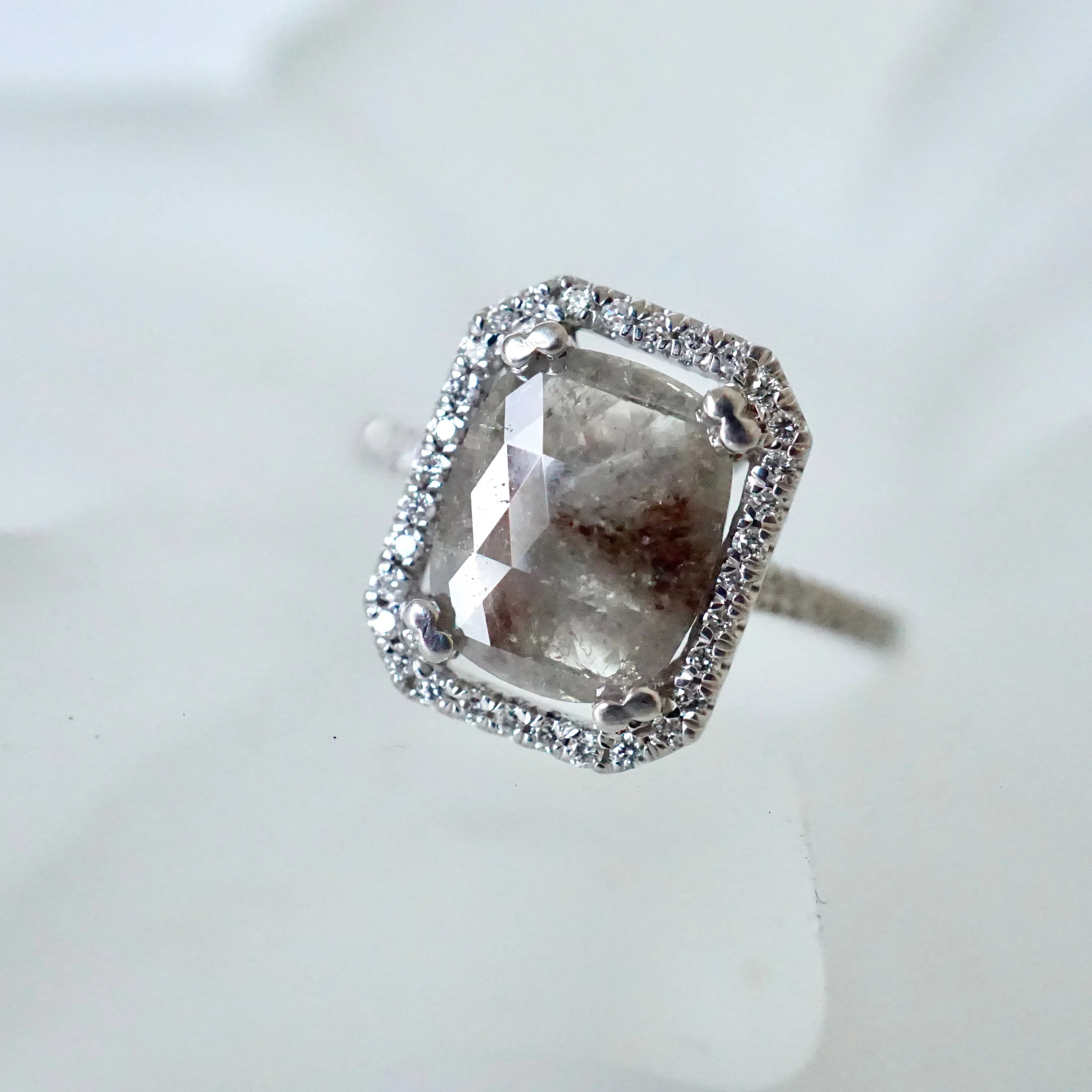 Salt and Pepper Diamond Halo Ring - Grey Cushion Rose Cut Ring - Unique Women's Diamond Ring