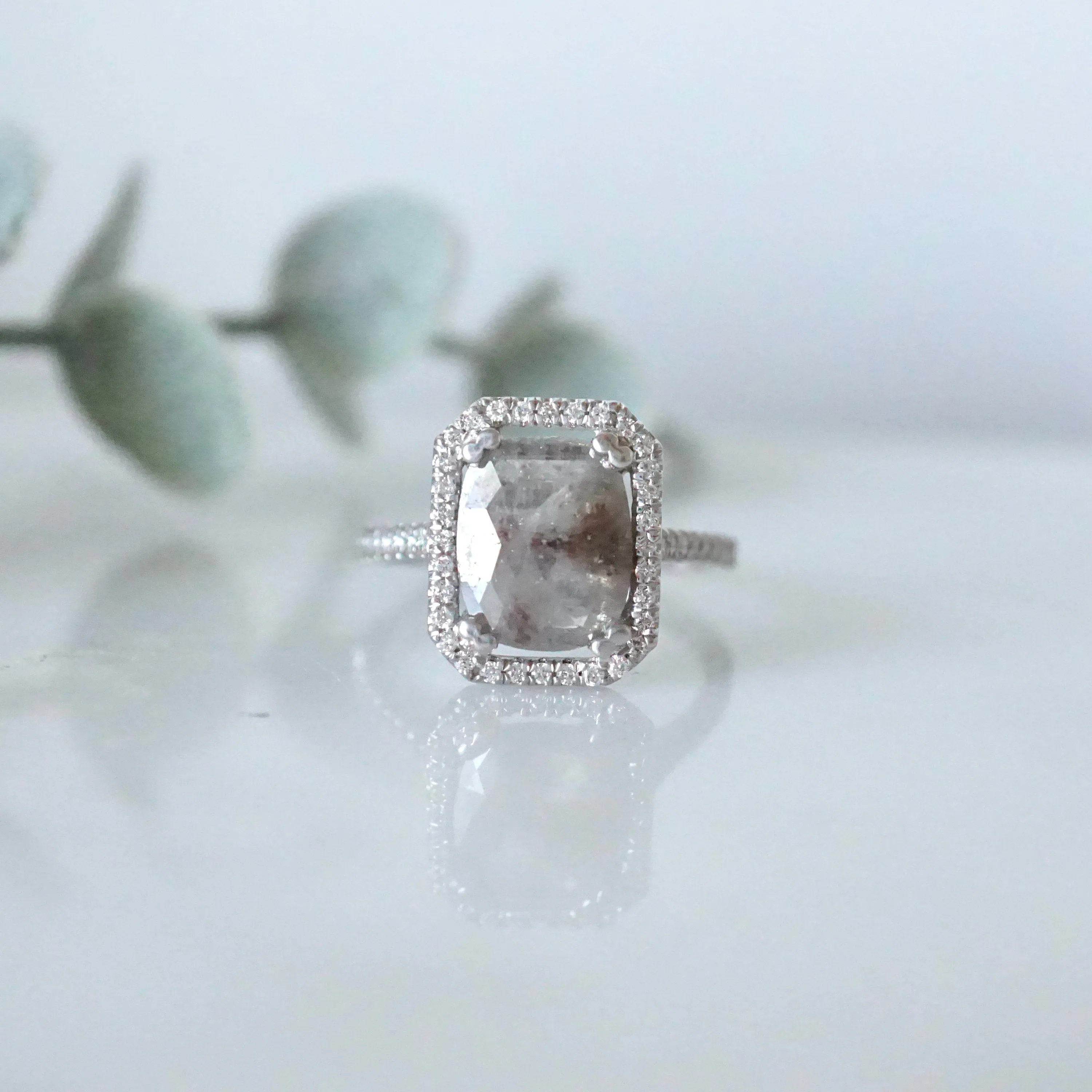 Salt and Pepper Diamond Halo Ring - Grey Cushion Rose Cut Ring - Unique Women's Diamond Ring