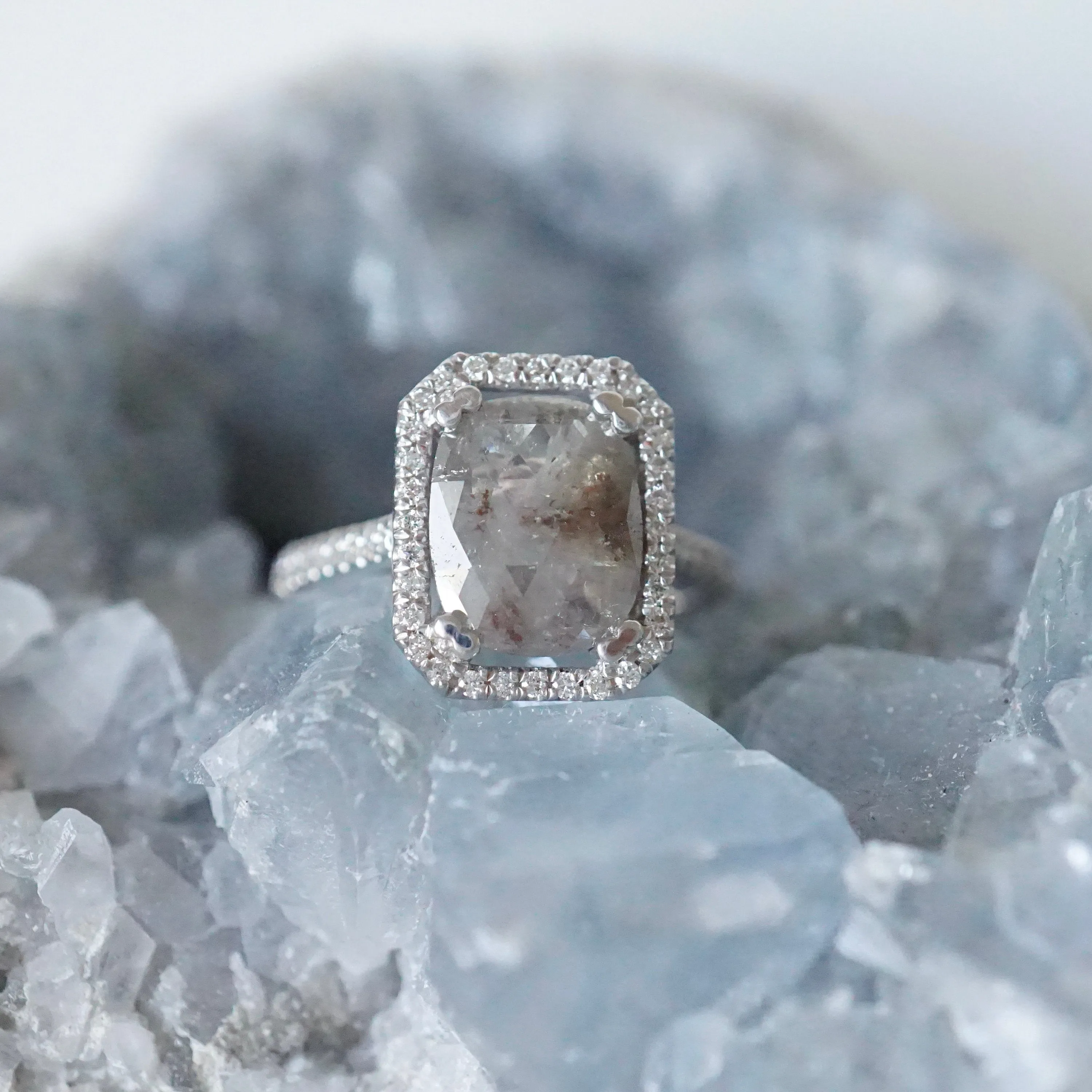 Salt and Pepper Diamond Halo Ring - Grey Cushion Rose Cut Ring - Unique Women's Diamond Ring